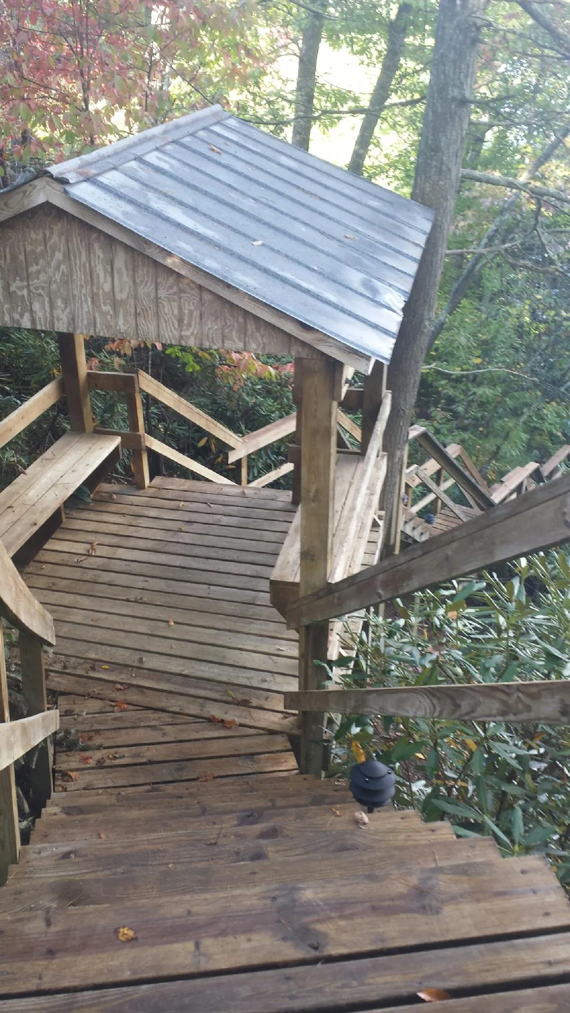 Metal roofed shelter over wooden steps on a wooded walkway — Skylight Repair & Installation work by our crew in Niagara